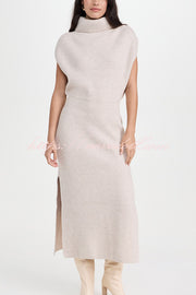 Solid Color Sleeveless Knitted Elegant Waist Midi Dress