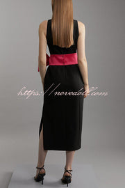 Clean Tailored Taffeta Contrast Oversized Bow Tie Waist Midi Dress