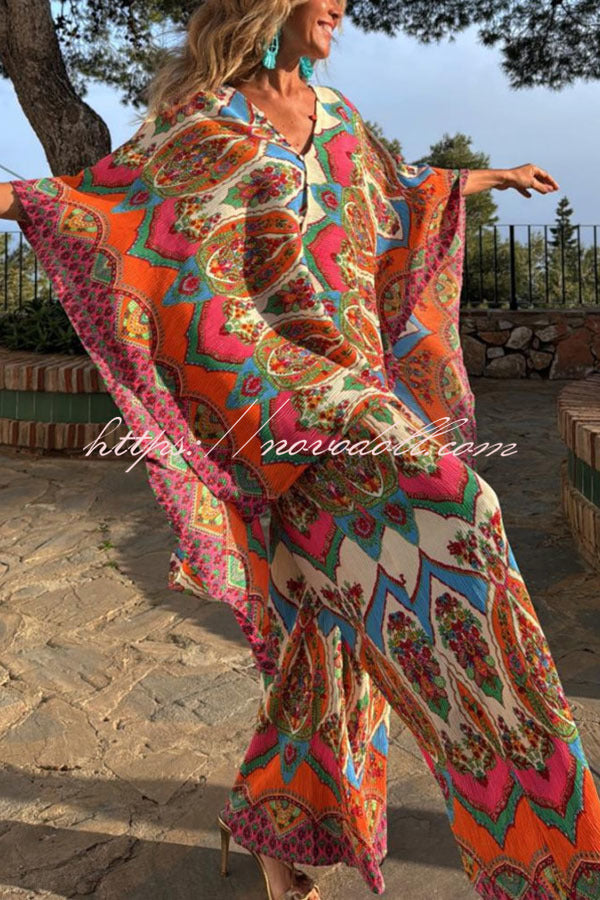 Colorful Day Unique Print Loose Cape and Elastic Waist Pocketed Pants Set