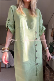 Ultra-comfortable Linen Blend Half Sleeve Front Button Detail Relaxed Pocket Midi Dress