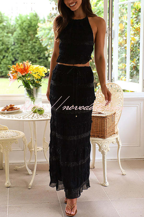 Feel Chic and Romantic Sequin Textured Material Back Elastic Halter Tie Tank and Drawstring Waist Tiered Maxi Skirt Set