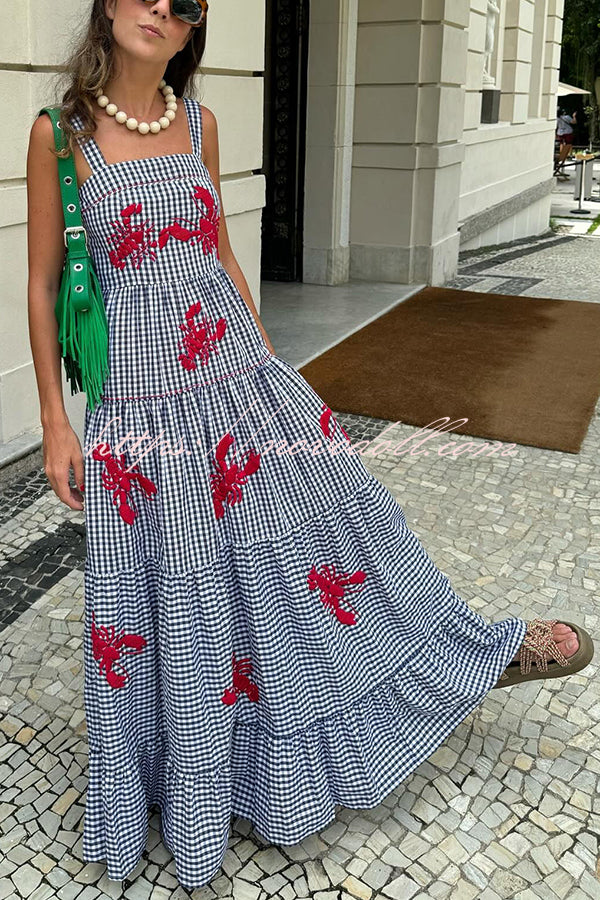 Funny Summer Plaid Lobster Print Square Neck Layered Maxi Dress