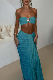 Fashion Metal Shell Embellished Sexy Bandeau and Elastic Tie Maxi Skirt Set