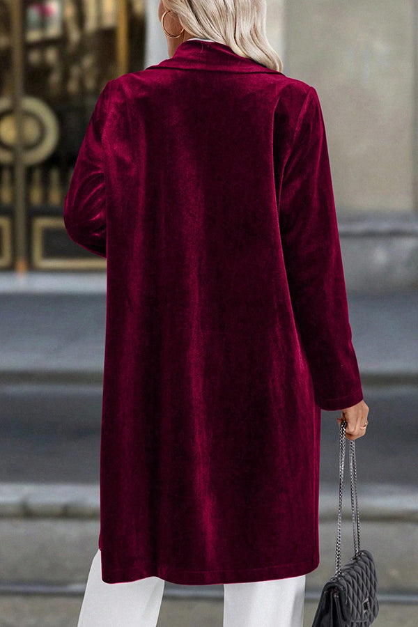 Solid Color Velvet Lapel Long-sleeved Casual Button Mid-length Coat