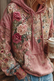 Floral Print Loose Hooded Long-Sleeved Sweatshirt