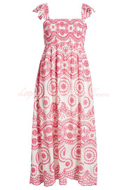 Darling & Dainty Embroidery Style Unique Print Smocked Midi Dress