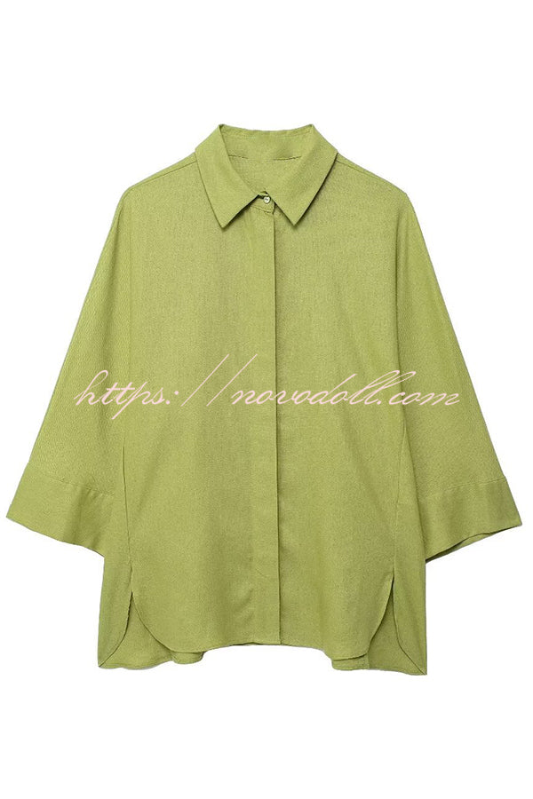 Solid Color Loose Casual Shirt and Elastic Waist Pocket Wide Leg Pants Set