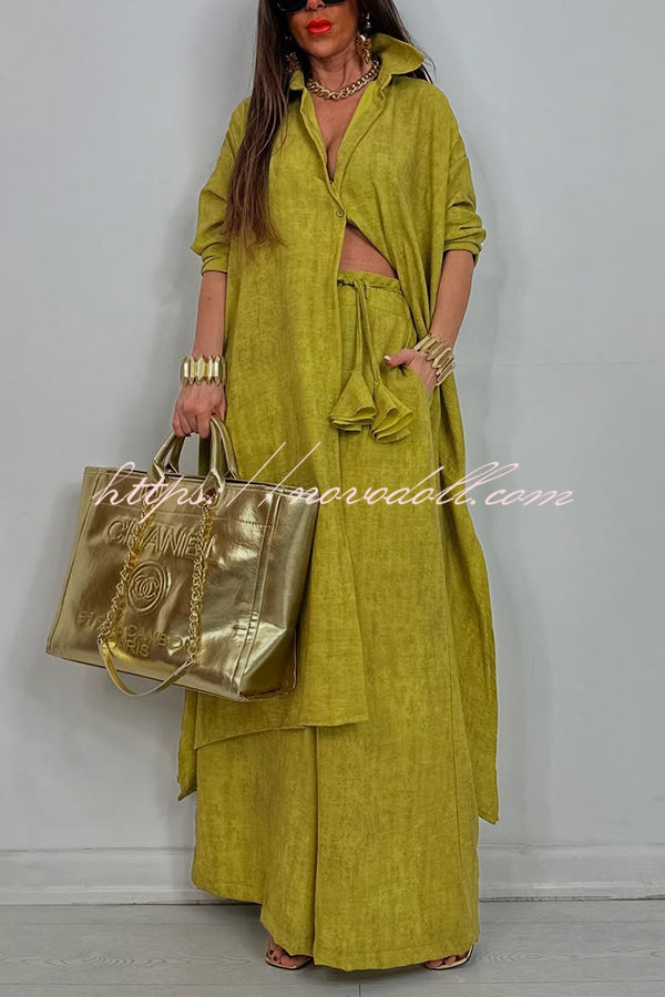 Solid Color Casual Loose Long Shirt and Elastic Waist Pocket Wide Leg Pants Set