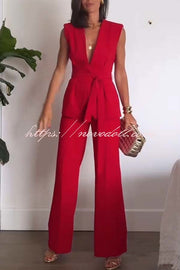 Keep It Classic V-neck Belted Vest and Mid Rise Pocket Wide Leg Pants Set