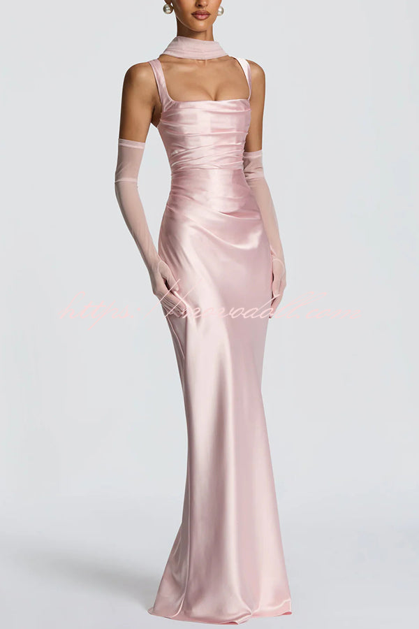 Calanthe Satin Square Neck Ruched Back Lace-up Drape Mesh Scarf Maxi Dress