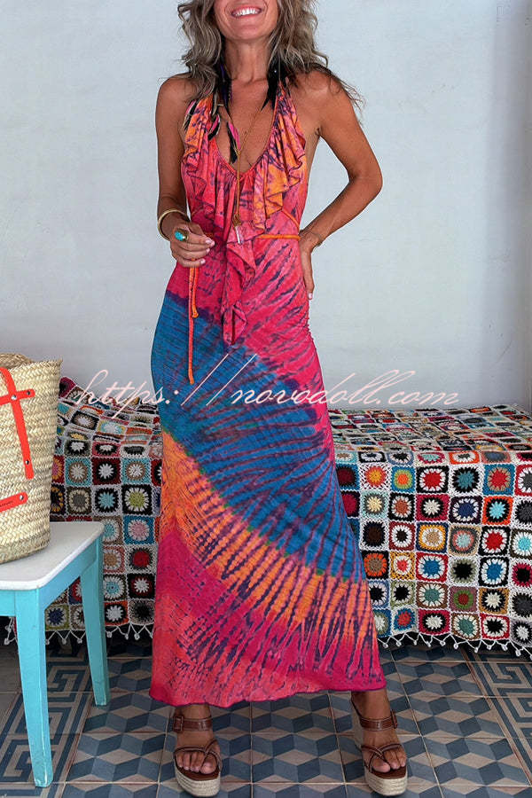 Tarik Tie-dye Print Ruffle Neck Halter Lace-up Backless Stretch Maxi Dress