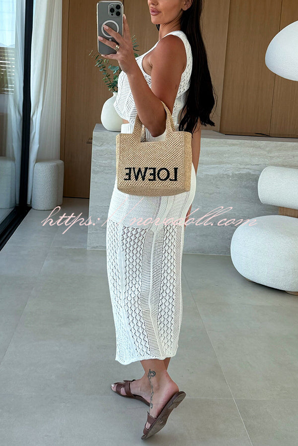 Solid Color Sleeveless Hollow Knit Crop Top and Elastic Slit Slim Midi Skirt Set