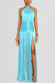 Glamorous Metallic Pleated Fabric Open Back Halter Slit Maxi Dress