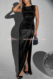 Solid Color Velvet Round Neck Sleeveless Slim Slit Maxi Dress