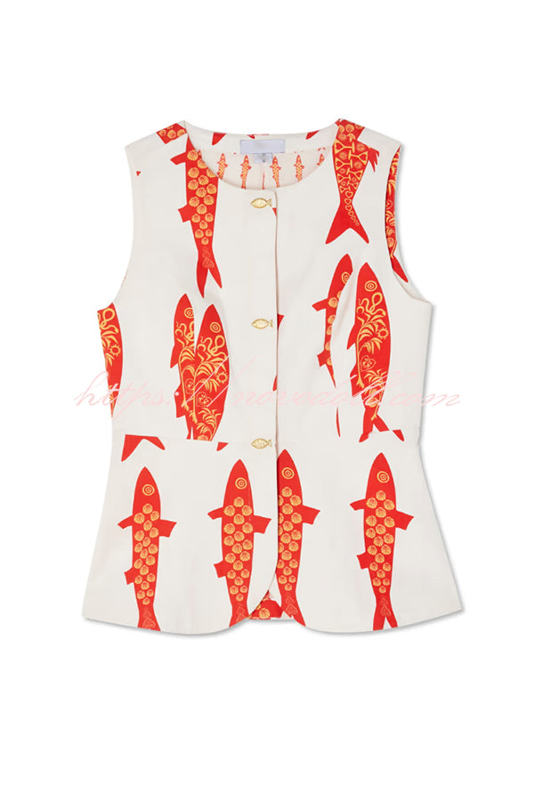 Good Luck Linen Blend Koi Pattern Metal Buttons Waisted Vest