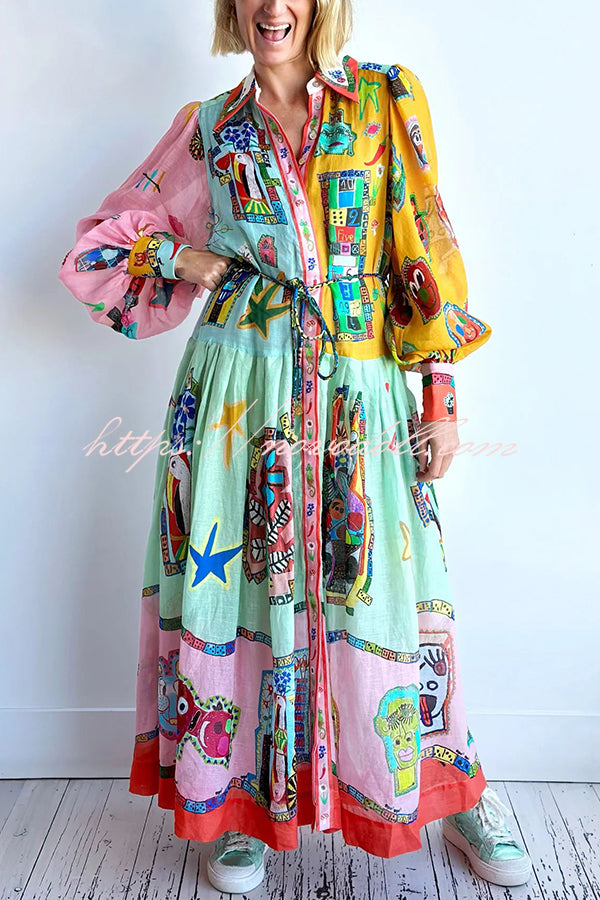 Set for Vacay Unique Print Colorblock Balloon Sleeve Belt Shirt Midi Dress