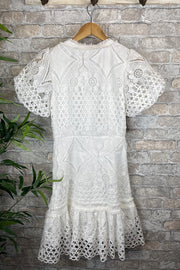 Sweet Valor Crochet Lace Puff Sleeve Button Up Mini Dress