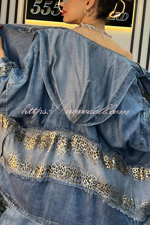 Fashion Loose Hooded Leopard Print Pocket Top and Casual Wide-leg Pants Set