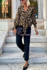 Janae Leopard Print Front Tie-up Lantern Sleeve Casual Blouse