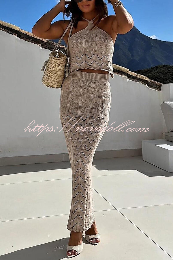 Solid Knit Hollow Halter Top and Stretch Fit Maxi Skirt Set