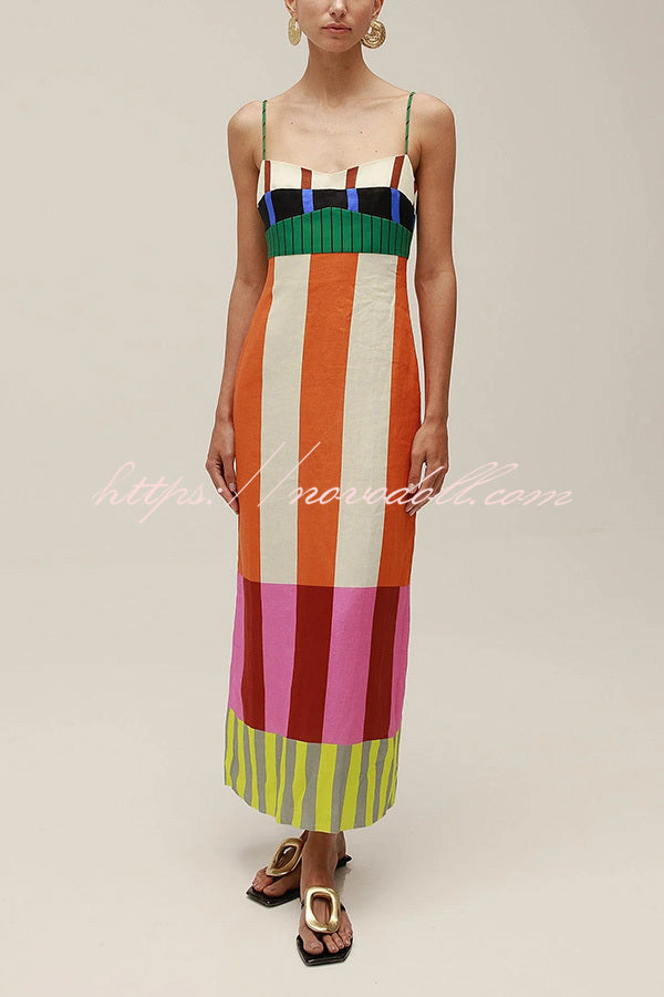 Beach Moment Linen Blend Unique Color Block Slip Maxi Dress