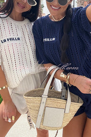 Fashionable Hollow Knit Short-sleeved Top and Elastic High-waist Casual Shorts Set