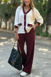 Stylish Color-blocked V-neck Knitted Button-down Cardigan and Elastic Waist Casual Wide-leg Pants Set