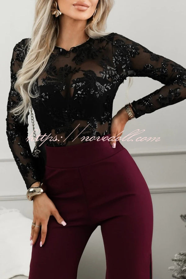 Dazzling and Sparkle Mesh Floral Sequin Long Sleeve Stretch Bodysuit