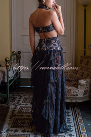 A Girls' Trip Lace High Neck Cutout Drop Waist Ruffles Maxi Dress