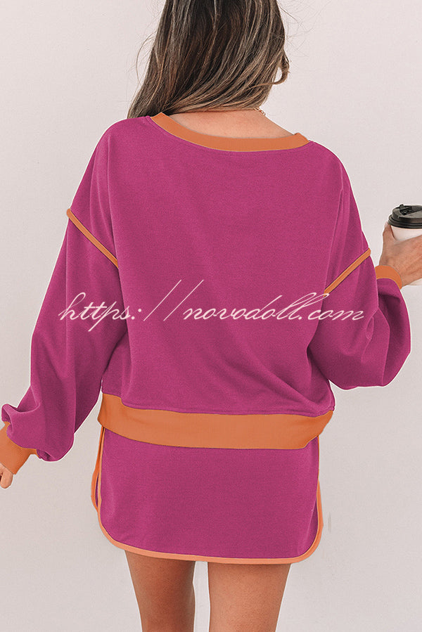 Fashion Round Neck Long Sleeve Spliced Casual Top and Elastic Waist Loose Shorts Set