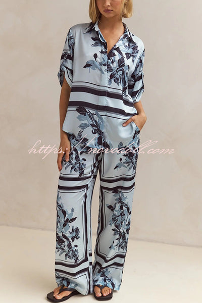 Fashionable Plant Print Loose Lapel Short Sleeve Shirt and Casual Elastic Waist Pocket Pants Set