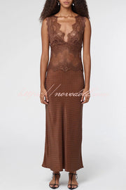 Wonderful Fusion Satin Lace Trim Poka Dot V-neck Drape Maxi Dress