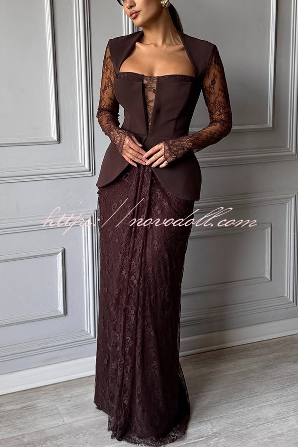 Belle Contrast Sheer Lace Fabric Patchwork Square Neck Long Sleeve Drape Maxi Dress