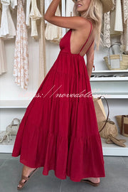 Bohemian Style V-neck Backless Slip Layered Vacation Maxi Dress
