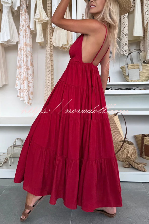 Bohemian Style V-neck Backless Slip Layered Vacation Maxi Dress