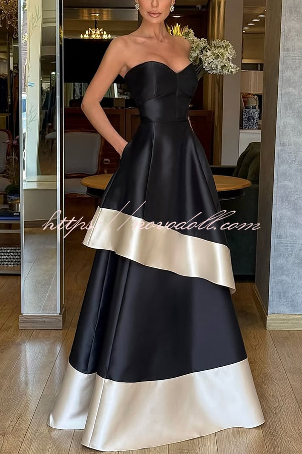 Vivian Satin Contrast Color Sweetheart Bandeau Neck Pocket Layered Maxi Dress