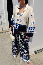 Unique Printed Lapel Long-sleeved Loose Top and Elastic Waist Casual Wide-leg Pants Set