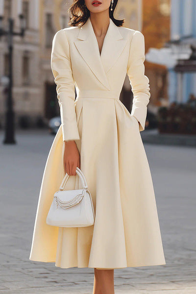 Solid Color Lapel Long Sleeve Waist Pocket Midi Dress