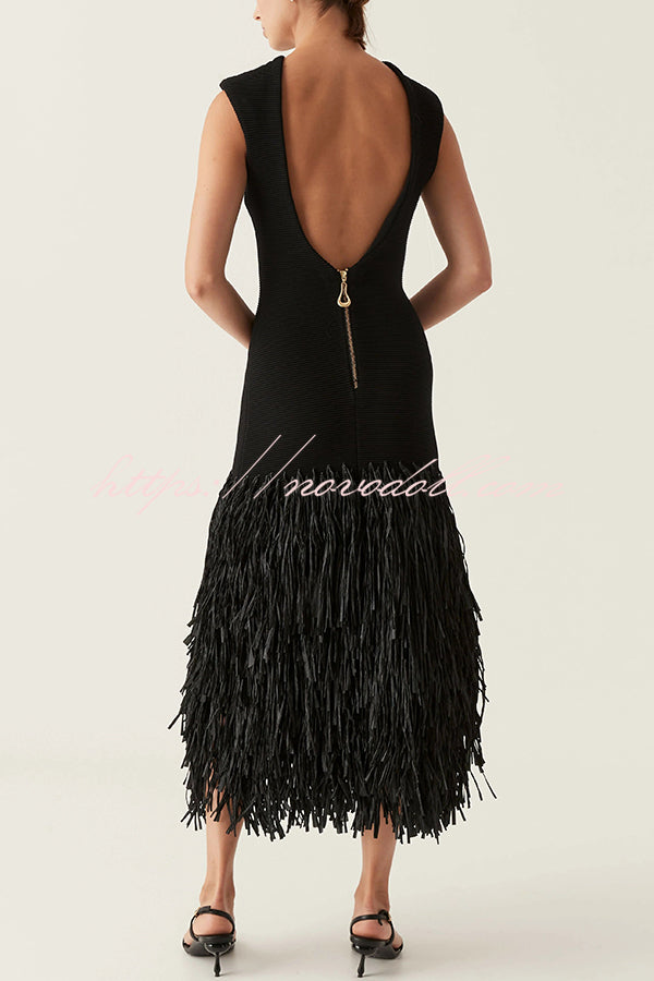 Christie Ribbed Patchwork Tiered Fringed Hem Zipper Backless Maxi Dress