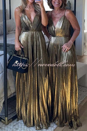 Disco Fashion Metallic Fabric Pleated Pocket Slip Wide Leg Jumpsuit