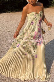 For Every Occasion Satin Pleated Floral Print V-wire Bandeau Neck Maxi Dress