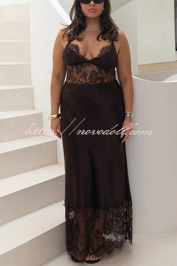 Elegant Evening Satin Lace Patchwork See-through Waist Slip Maxi Dress