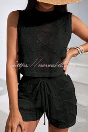 Solid Color Sleeveless Tie Knitted Vest and Loose Elastic Waist Drawstring Shorts Set