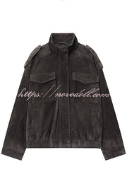 Fashionable Suede Loose Pocket Leather Jacket