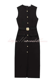 Danina Button Up Sleeveless Metal Belted Pocket Stretch Midi Dress