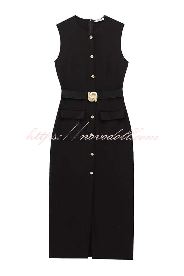 Danina Button Up Sleeveless Metal Belted Pocket Stretch Midi Dress