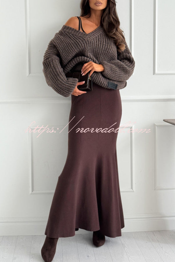 Caitlin Knit Stretch Fabric High Waist Fishtail Casual Maxi Skirt