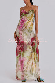 Floral Print Sexy Backless Slit See-Through Holiday Maxi Dress