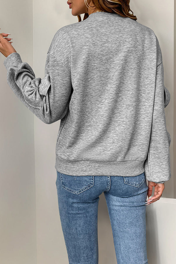 Solid Color Bow Embellished Casual Long-sleeved Loose Sweatshirt