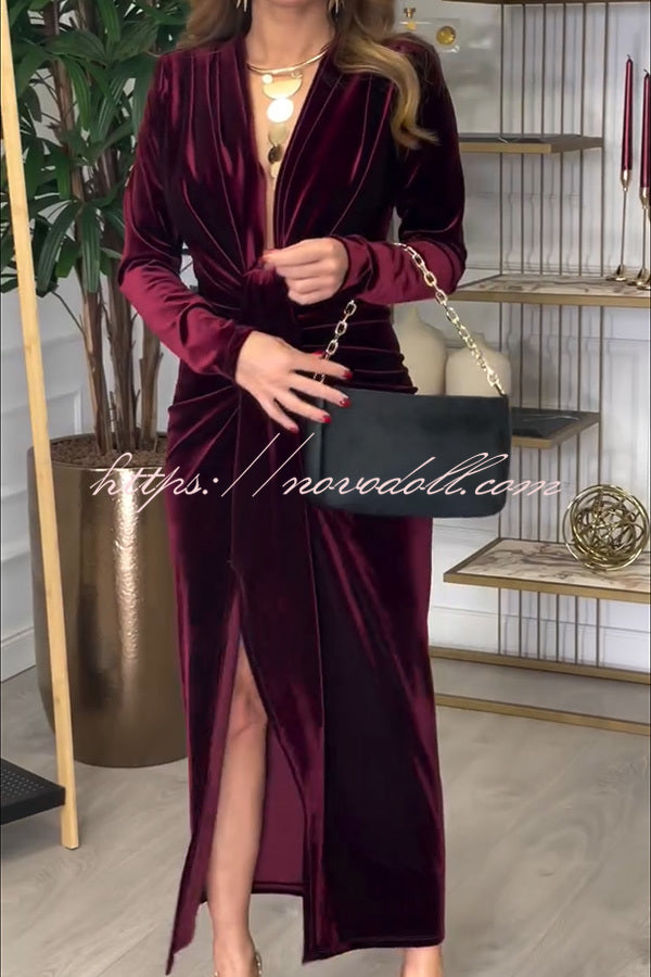 Creating Romance Velvet Ruched Drape Long Sleeve Stretch Maxi Dress